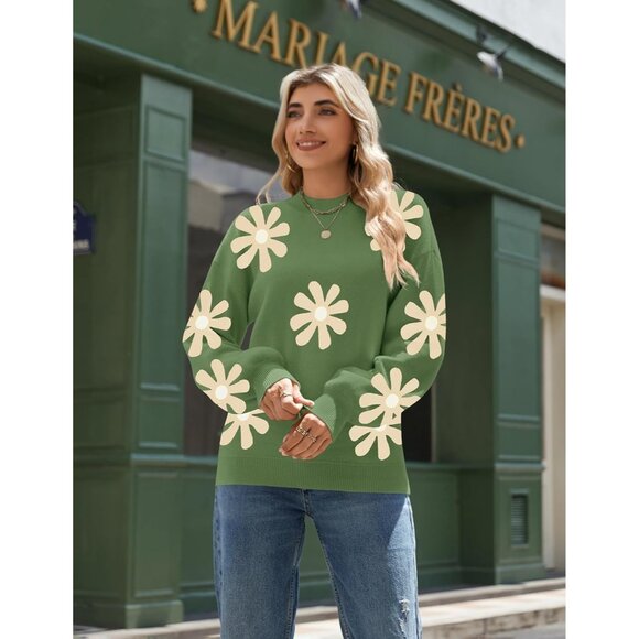 Zeagoo Women's Green-flower Long Sleeve Pullover Ribbed Knitted Pattern Sweater - Picture 3 of 6
